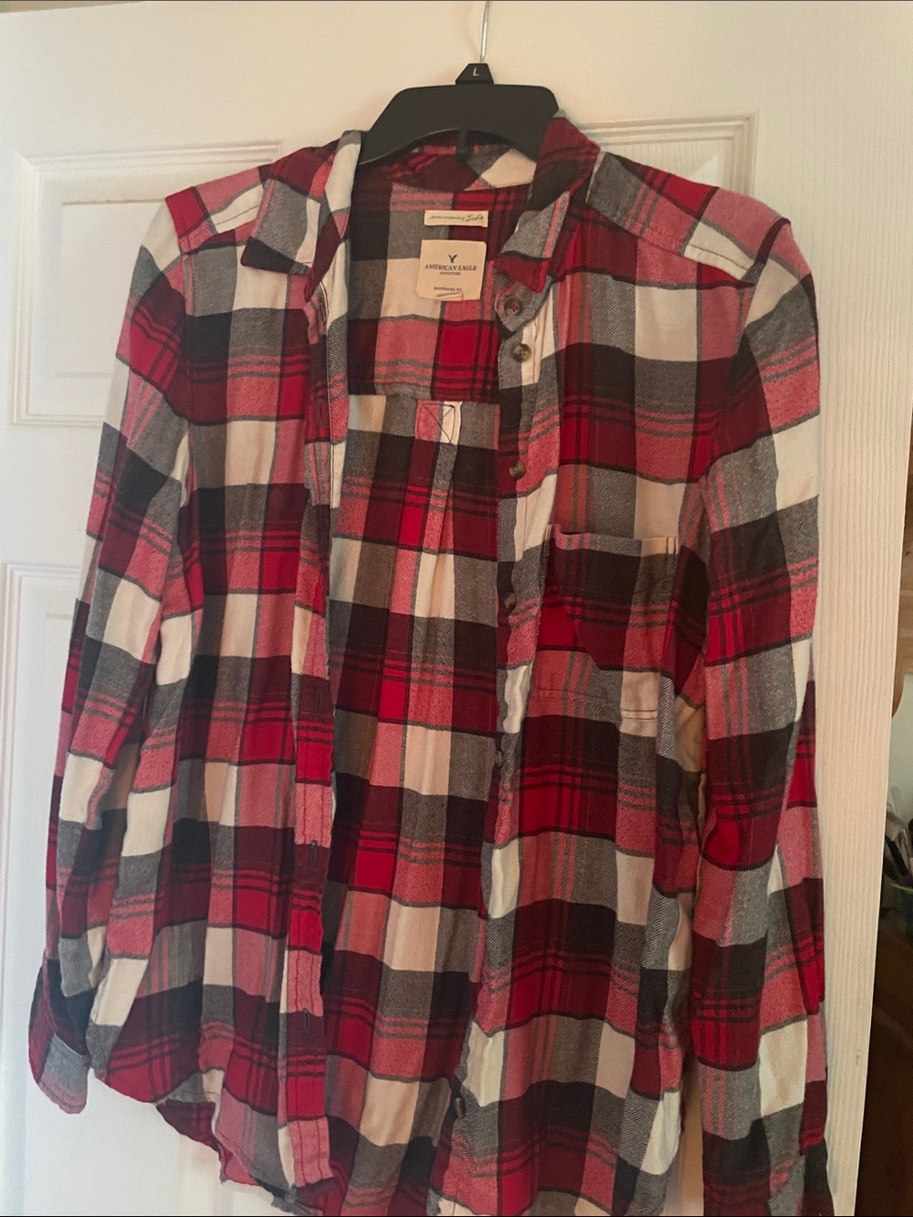 American Eagle Outfitters Red and Black Plaid Button-Down Shirt